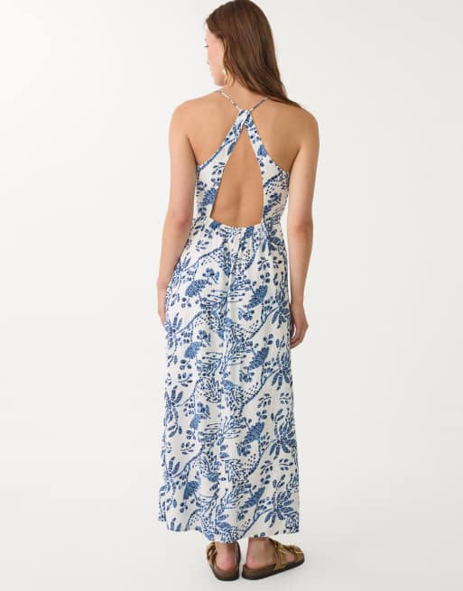Stradivarius - Robe mi-longue imprimée à dos ouvert - Bleu roi