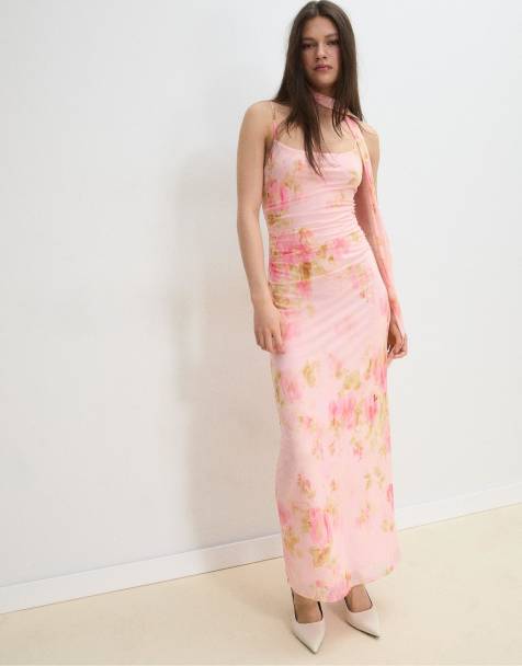 Stradivarius - Robe mi-longue imprimée en tulle avec foulard - Rose pastel - view 1