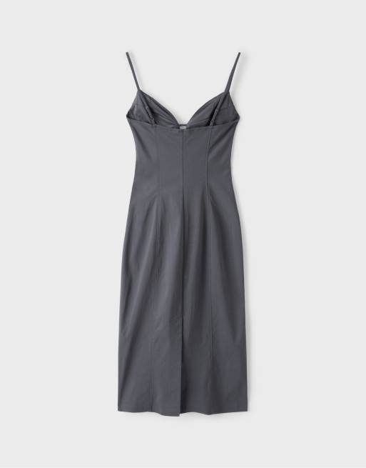 Stradivarius robe midi en bengaline à bretelles gris foncé, 7 de 7