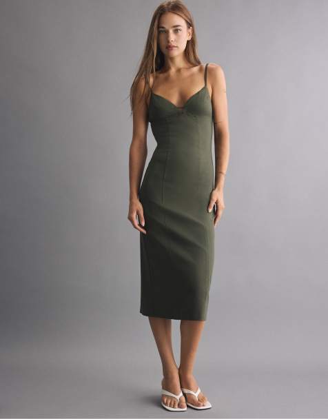Stradivarius robe midi en bengaline à bretelles kaki - view 1