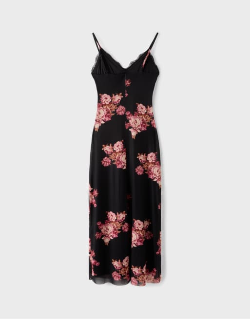 Stradivarius robe midi en tulle imprimé avec finition dentelle noire, 6 de 6