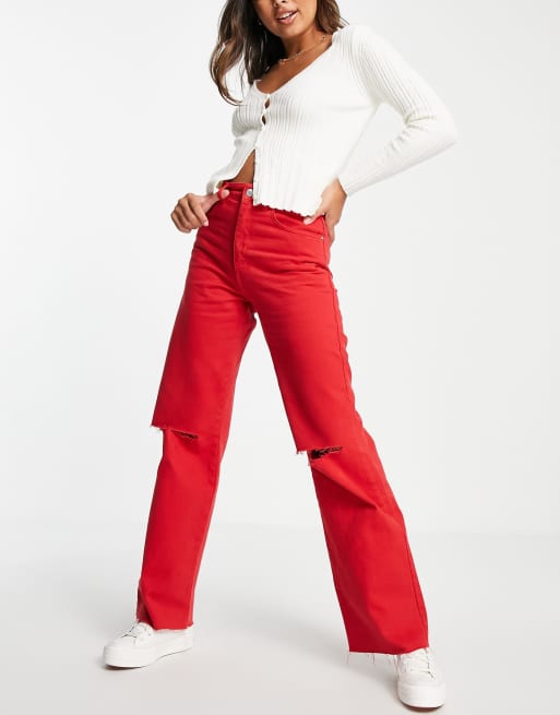 Stradivarius – Röda dad jeans i 90-talsstil 