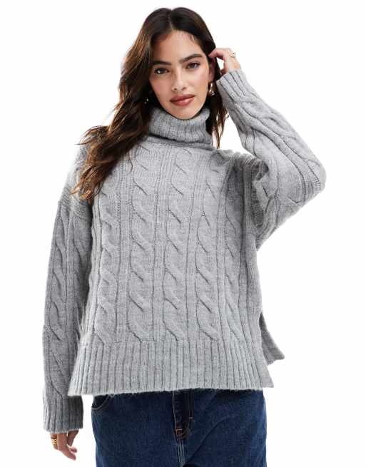 Stradivarius roll neck cable knit sweater in gray