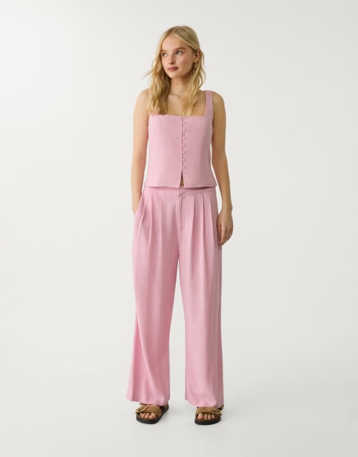 Stradivarius – Rosa culotte-byxor i linnemix med veck