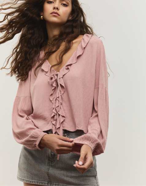 Stradivarius – Rosa, ledig blus med volang - view 1