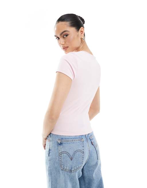 Stradivarius – Rosa t-shirt med korta ärmar och smal passform, 2 av 4