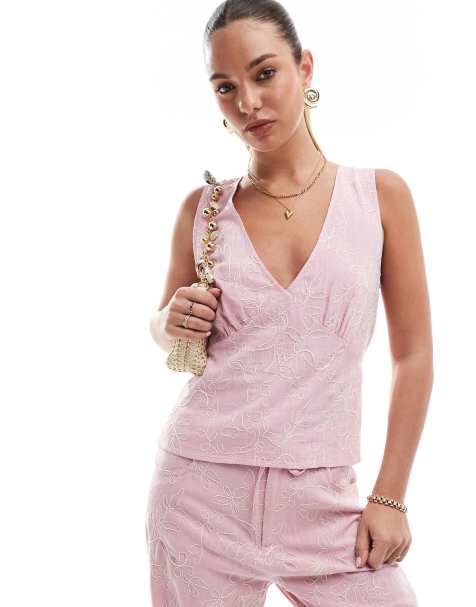 Stradivarius – Rosa topp med v-ringning och broderi, del av set - view 1