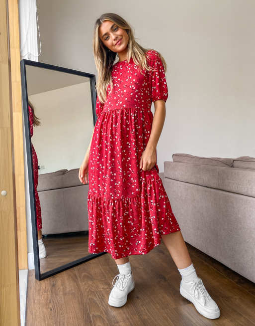Stradivarius – Rot geblümtes Hänger-Midikleid