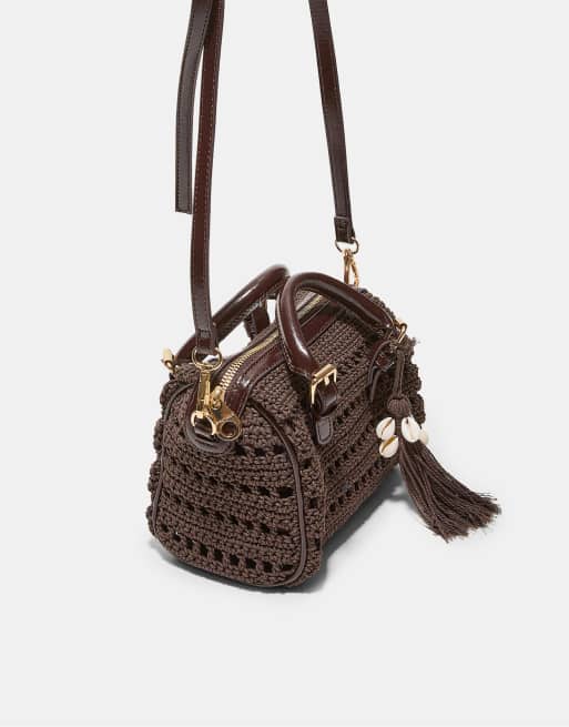 Stradivarius Round crochet tote bag in brown, 4 of 4
