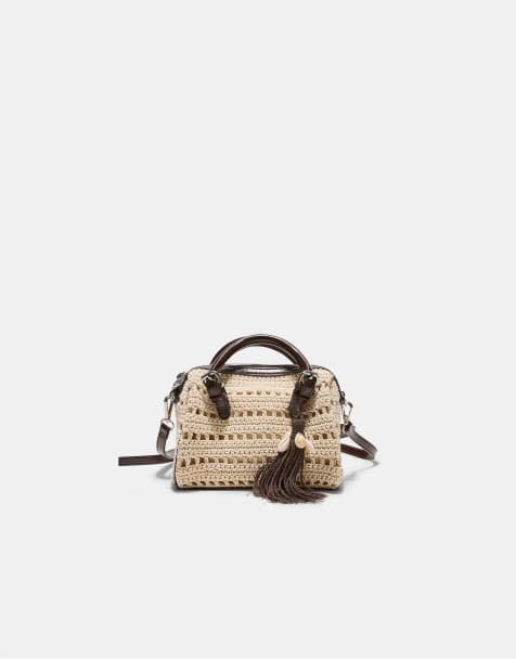 Stradivarius Round crochet tote bag in ecru - view 1