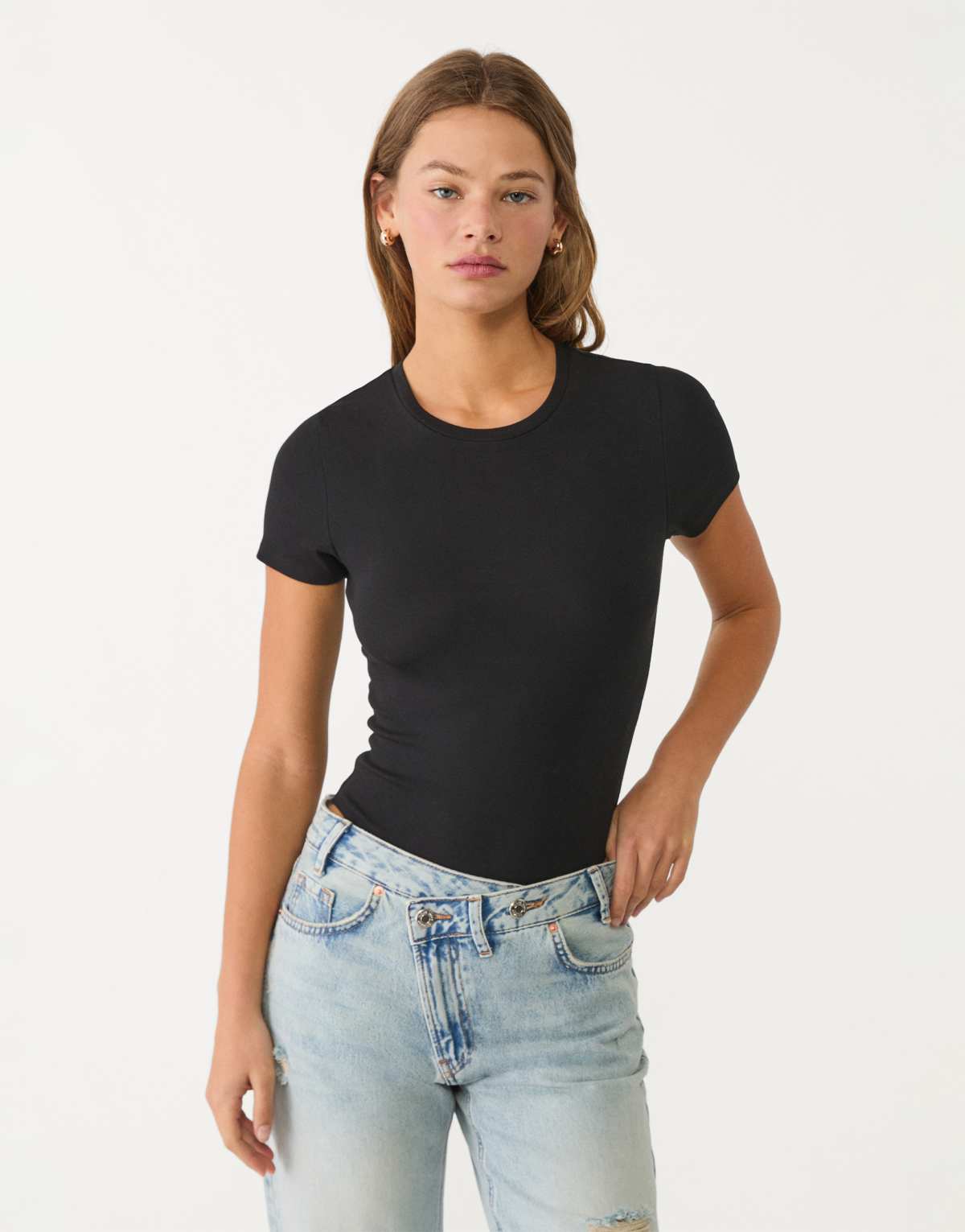 Stradivarius round neck bodysuit in black