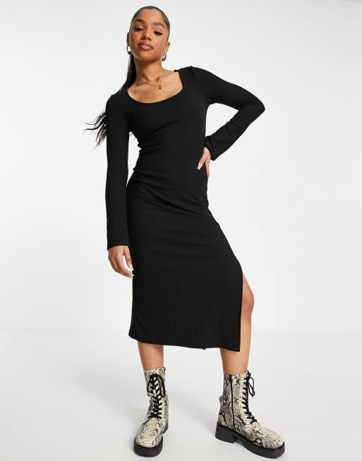 Stradivarius round neck midi dress in black | ASOS