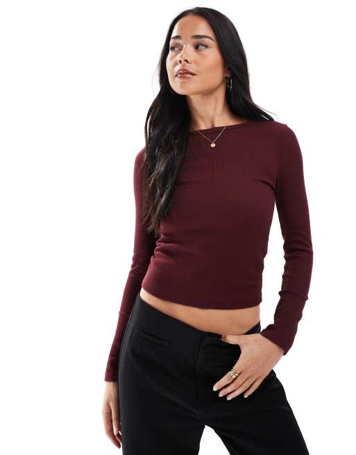 Stradivarius round neck ribbed long sleeve top in burgundy