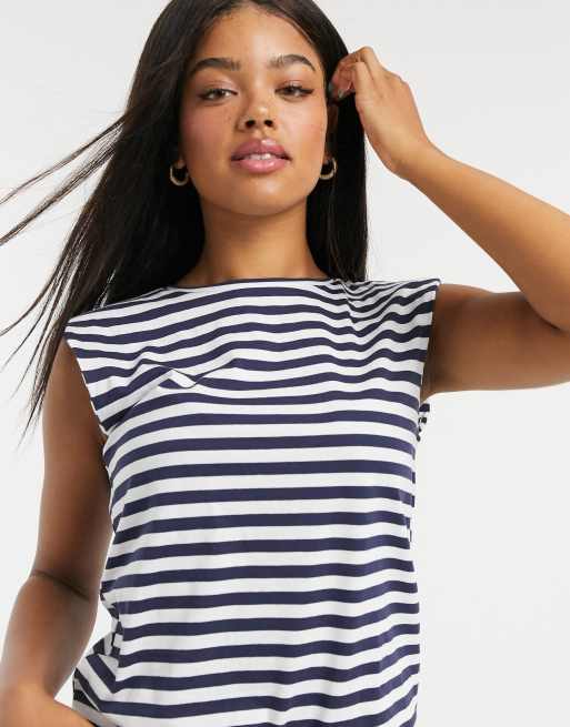 Stradivarius round neck shoulder pad striped tshirt in black ASOS