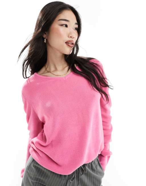 Stradivarius – Różowy dzianinowy sweter z dekoltem w szpic