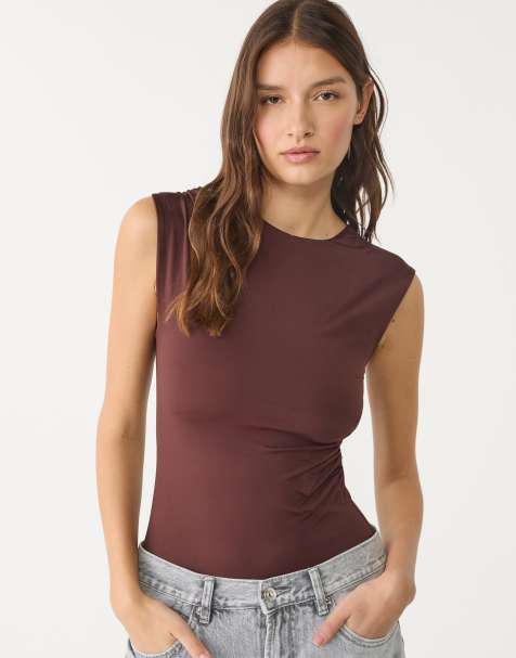 Stradivarius ruched bodysuit in brown