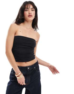 Stradivarius Ruched Detail Bandeau Top In Black