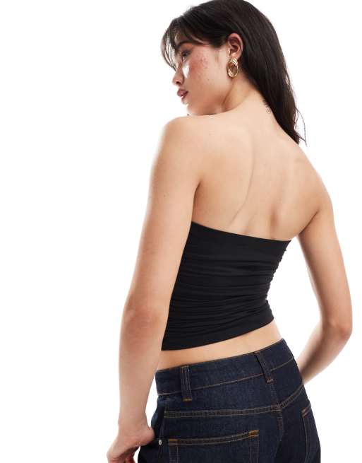 Stradivarius ruched detail bandeau top in black, 4 of 4