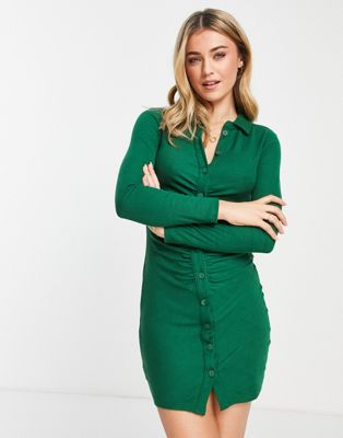 Stradivarius ruched detail polo dress in bright green