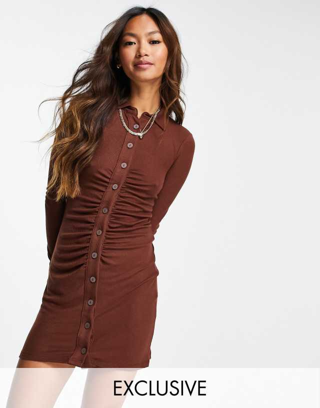 Stradivarius ruched detail polo dress in chocolate brown