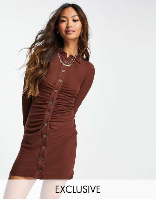 Stradivarius ruched detail polo dress in chocolate brown 