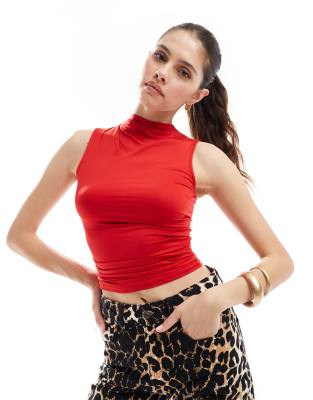 Stradivarius Ruched Detail Slinky Tank Top In Red