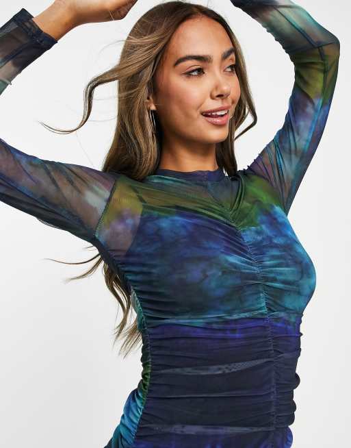 Stradivarius ruched mesh dress in blue tie-dye | ASOS