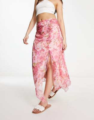 Stradivarius Ruched Mesh Midi Skirt In Floral Print-multi