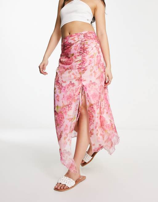 Zara pink outlet floral midi skirt