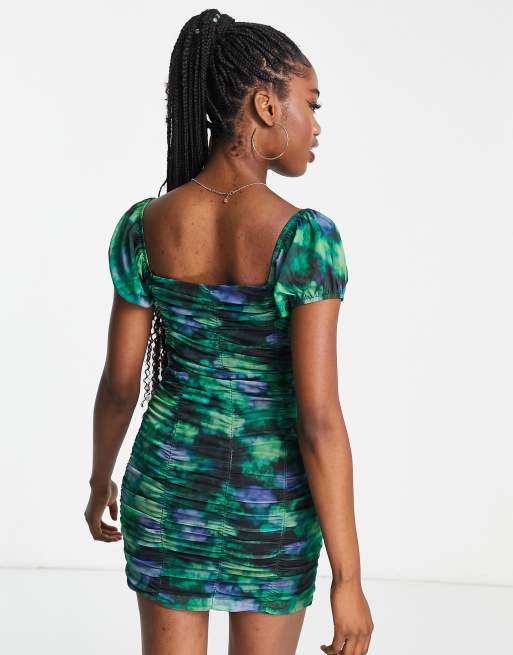 Stradivarius ruched mesh mini dress in blue jalin print
