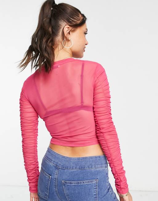 Stradivarius ruched mesh top in pink