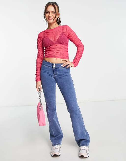 Stradivarius ruched mesh top in pink