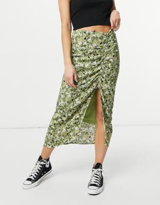 Stradivarius ruched midi skirt in green floral print | ASOS