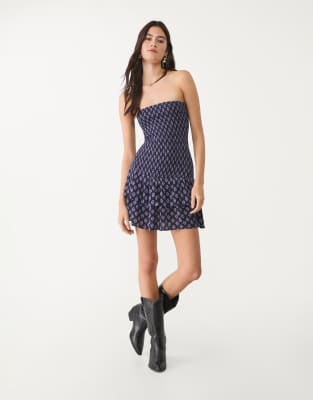 ruched mini dress in blue print