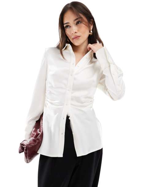 Stradivarius ruched satin shirt in white - view 1