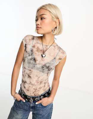 Stradivarius Ruched Side Bodysuit In Blur Print-multi
