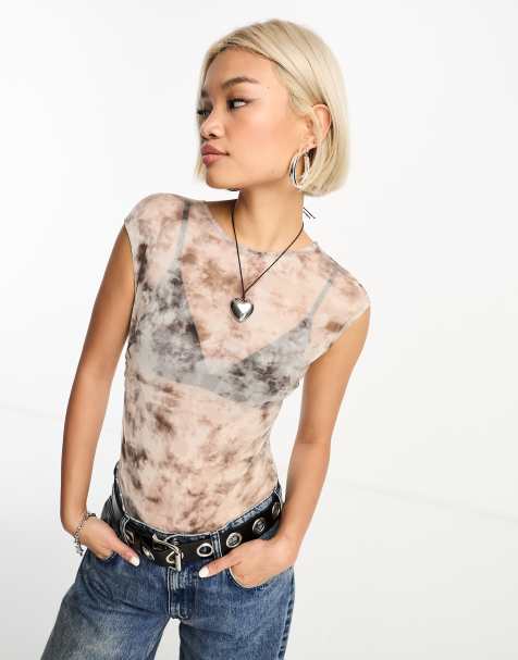 Stradivarius ruched side bodysuit in blur print - view 1