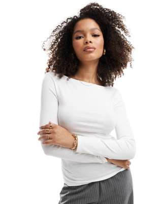 ruched slash neck top in white