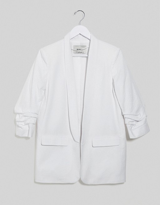 Stradivarius ruched sleeve blazer with embroidery in white