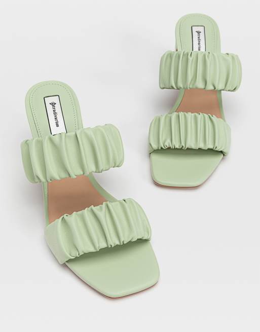 Stradivarius ruched strap heeled mule in green, 3 of 4