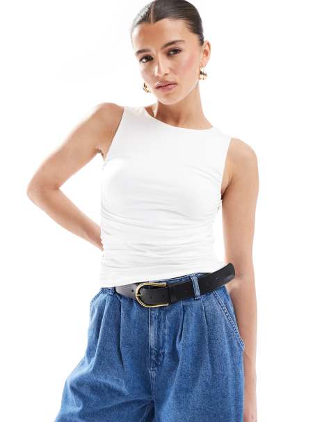 Stradivarius ruched tank top in white