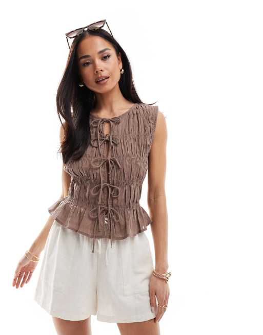 Stradivarius ruched tie front top in chocolate