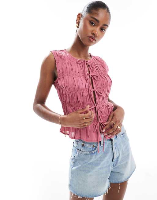 Stradivarius ruched tie front top in raspberry