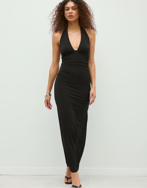 Stradivarius – Rückenfreies Neckholder-Midikleid in Schwarz - view 1