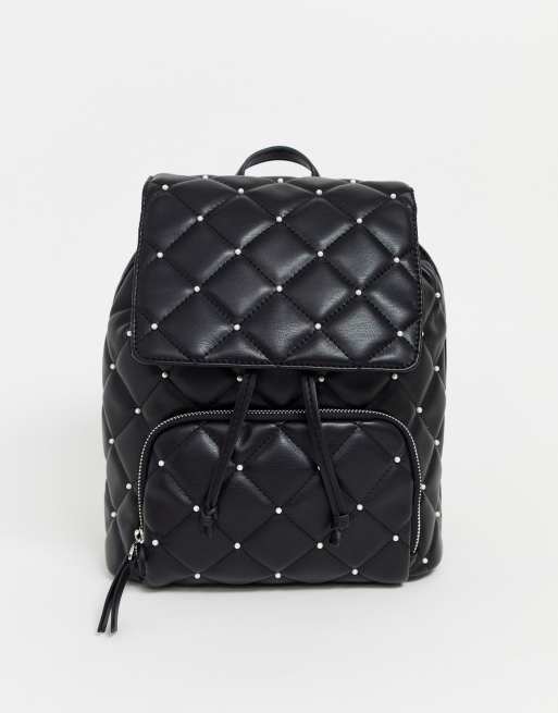Stradivarius – Rucksack in Schwarz mit Perlenbesatz