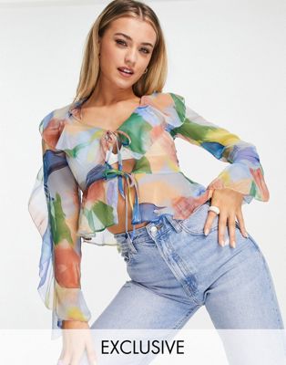Stradivarius ruffle blouse in abstract floral print
