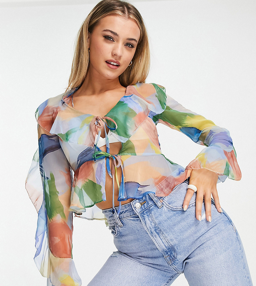 Stradivarius ruffle blouse in abstract floral print-Multi