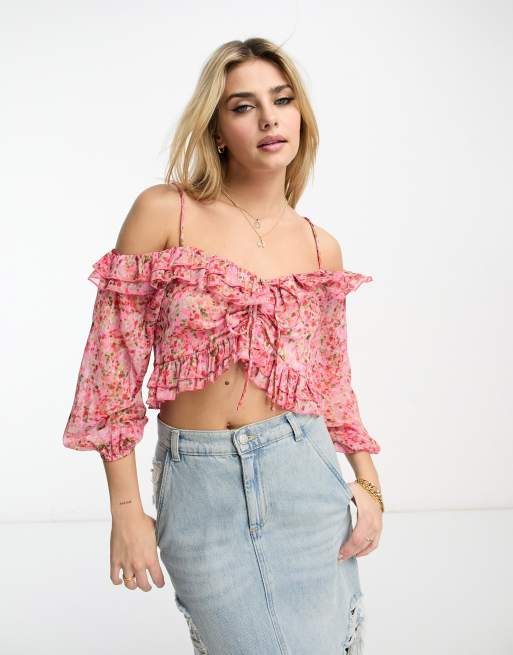 Orchid Ruffle Shoulder Ruched Front Crop Top, Crop Tops