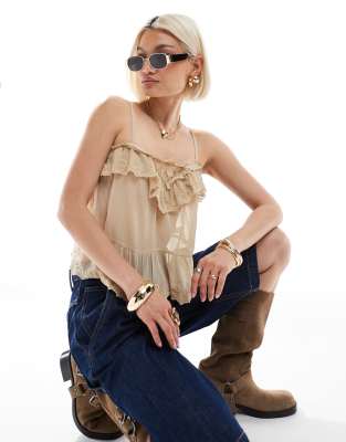 stradivarius ruffle detail mesh cam top in beige