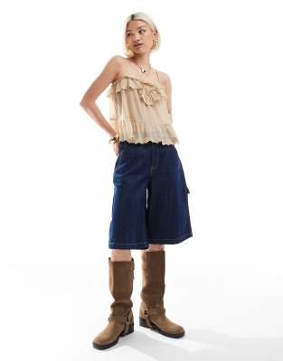 Stradivarius Ruffle Detail Mesh Cam Top In Neutral